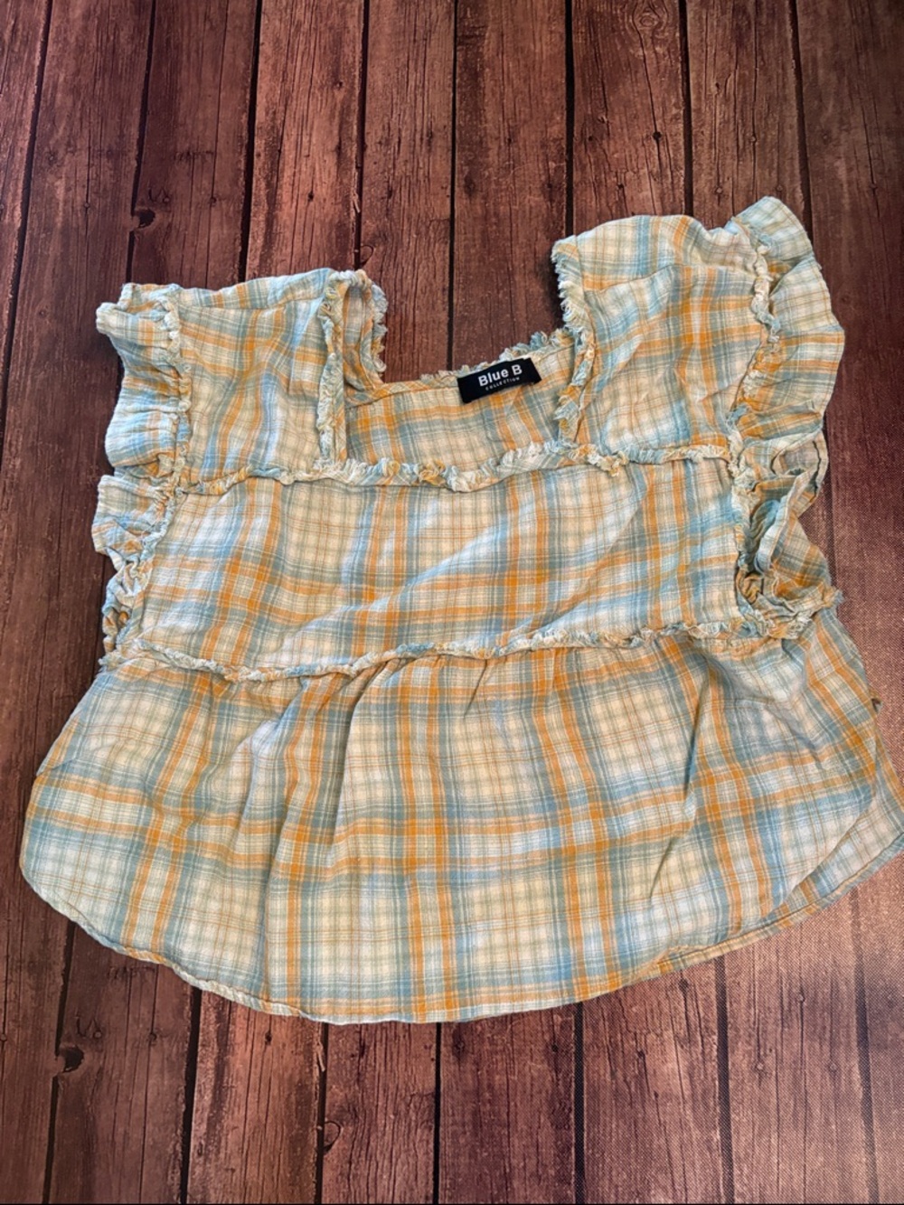 Blue B Collection Yellow & Light Blue Plaid Crop Top Sz L